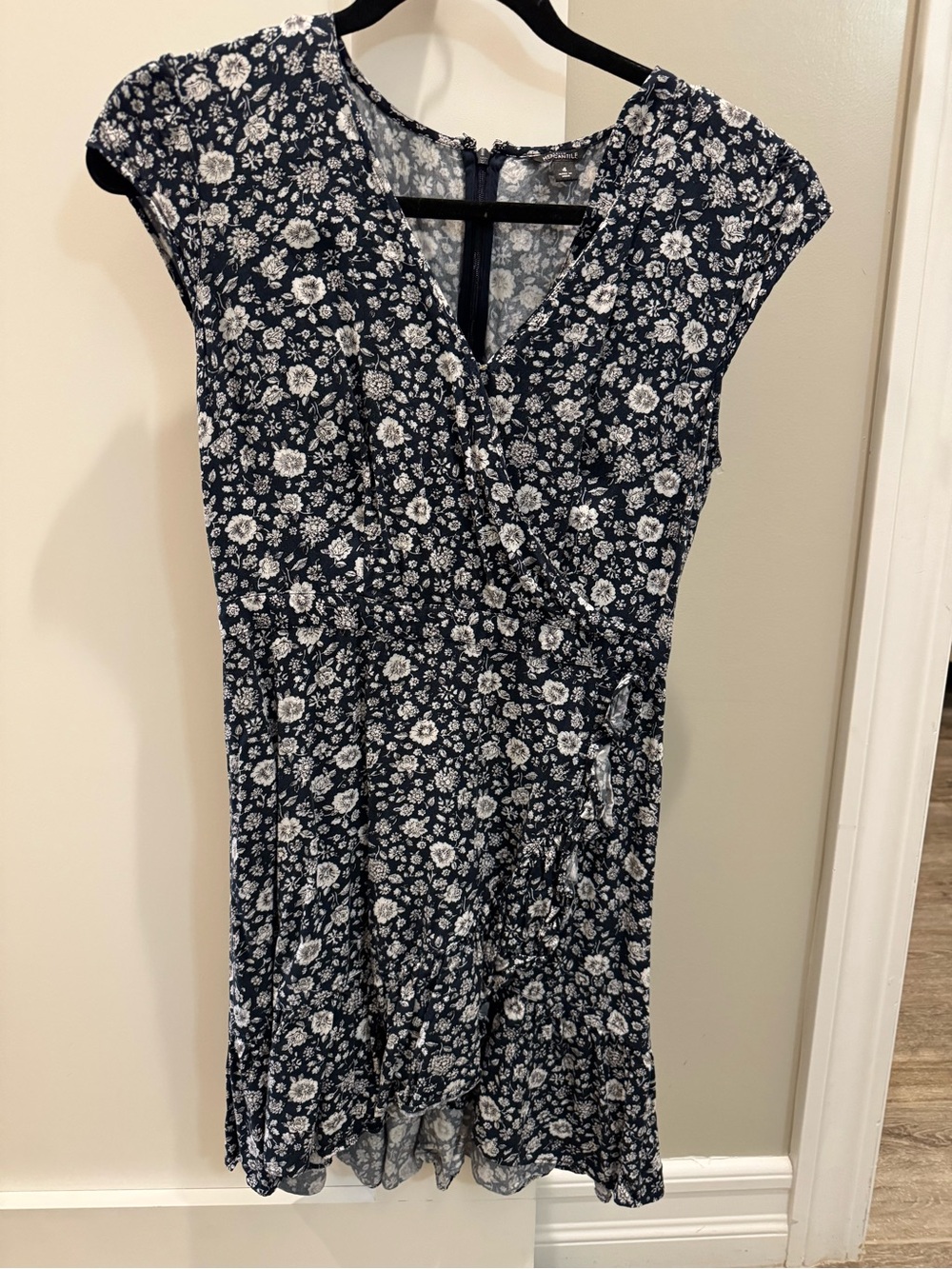 J. Crew Navy and White Floral Wrap-Style Mini Dress